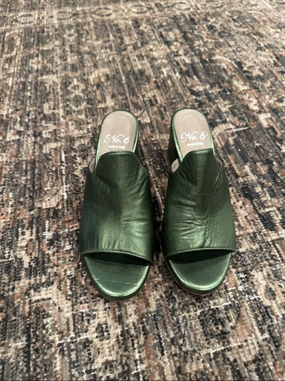 No 6 Green Leather Open-Toe Mules